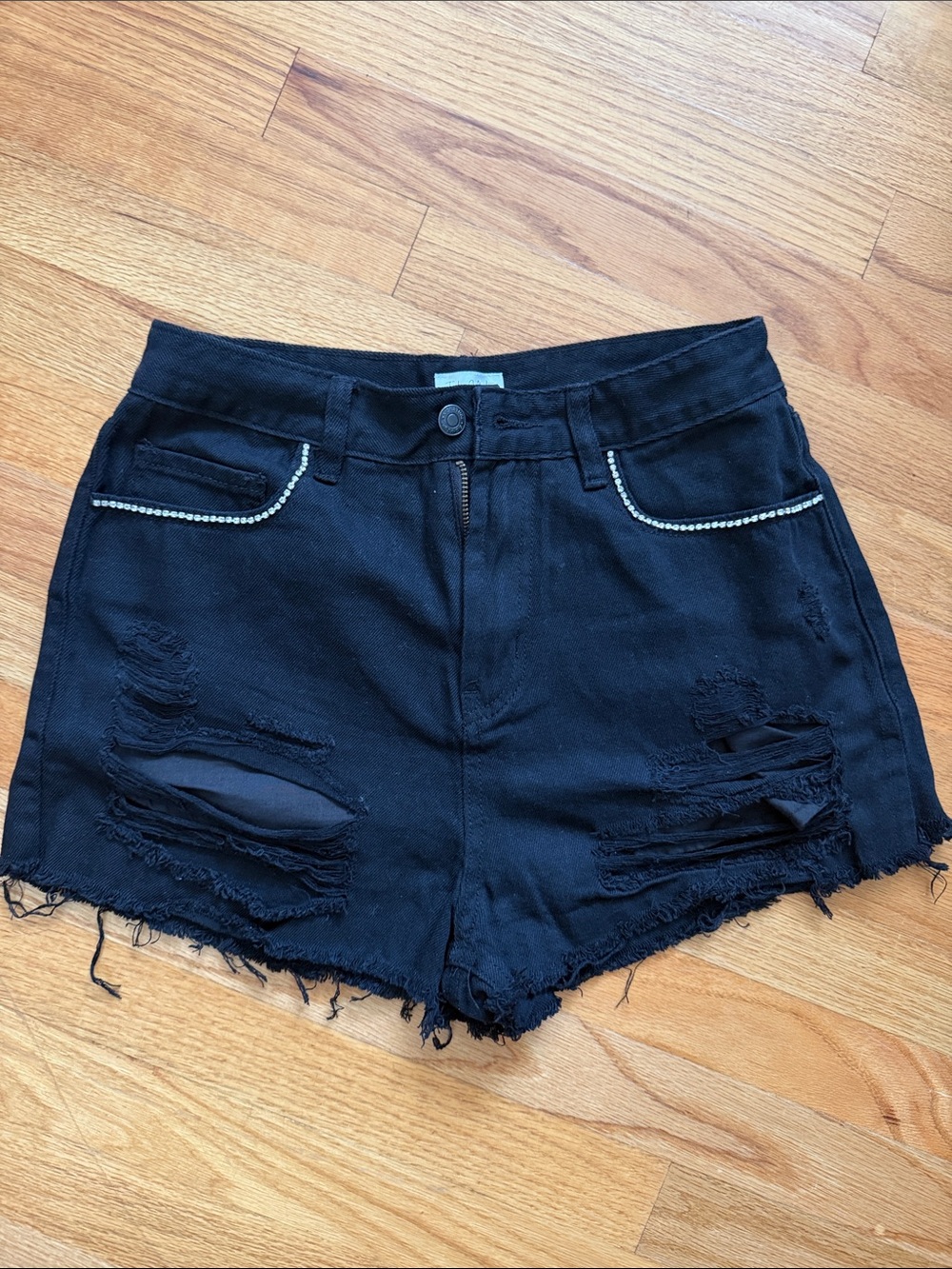 Black Distressed Women's Denim Shorts with Rhinestone Pocket Trim